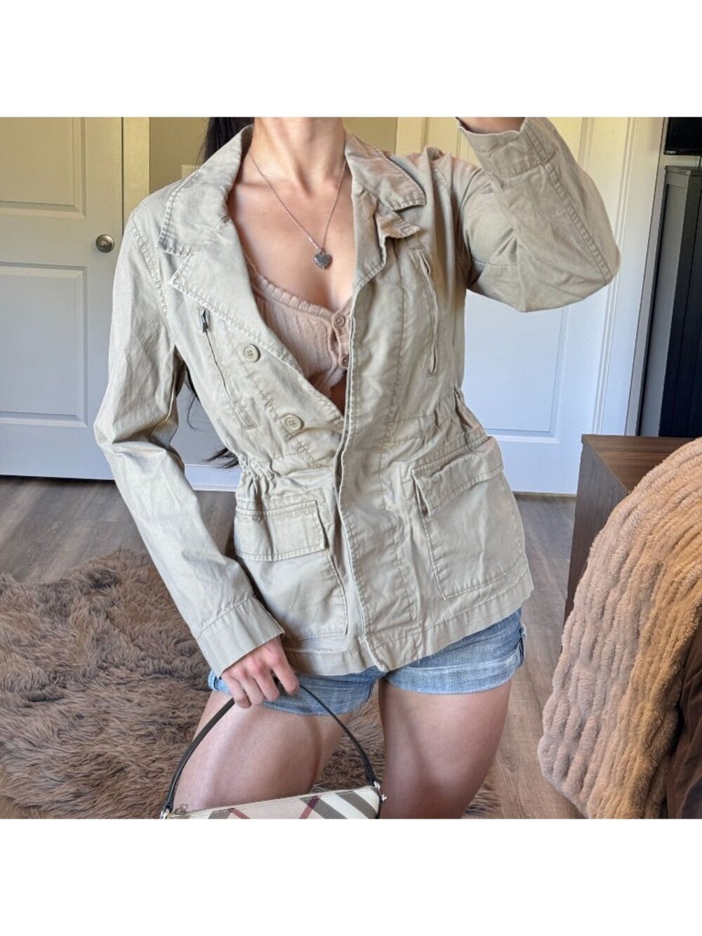 Y2K 2000s Old Navy Utility Jacket Womens S Cinched Waist Grunge Safari Coat Tan
